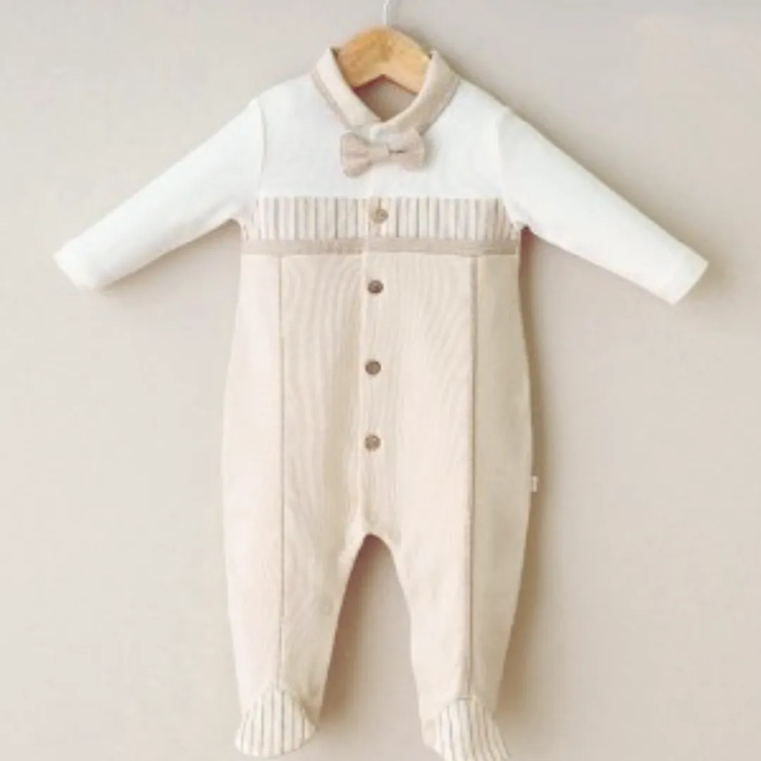 100% Cotton Elegant Style Baby Boy Striped Footed Bodysuit : Grey / 6-9M
