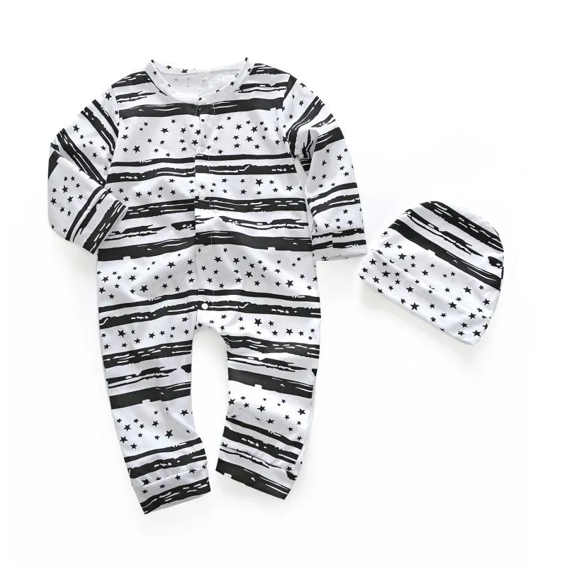 2 Pcs Baby Cotton Cute Printed Long Sleeves Rompers And Hat