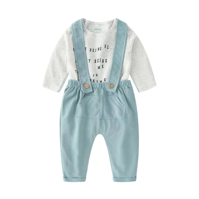 2 Pcs Baby Cotton Letters Printed T-shirts And Solid Color Rompers