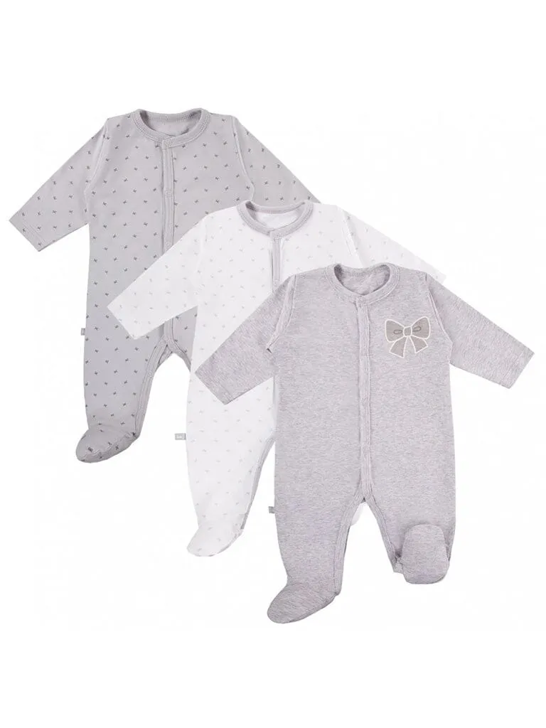 3 Pack Footed Sleepsuits, Bows, Grey
