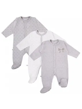 3 Pack Footed Sleepsuits, Bows, Grey