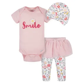 3-Piece Baby Girls Garden Floral Onesies® Bodysuit, Tutu Pant, & Cap Set