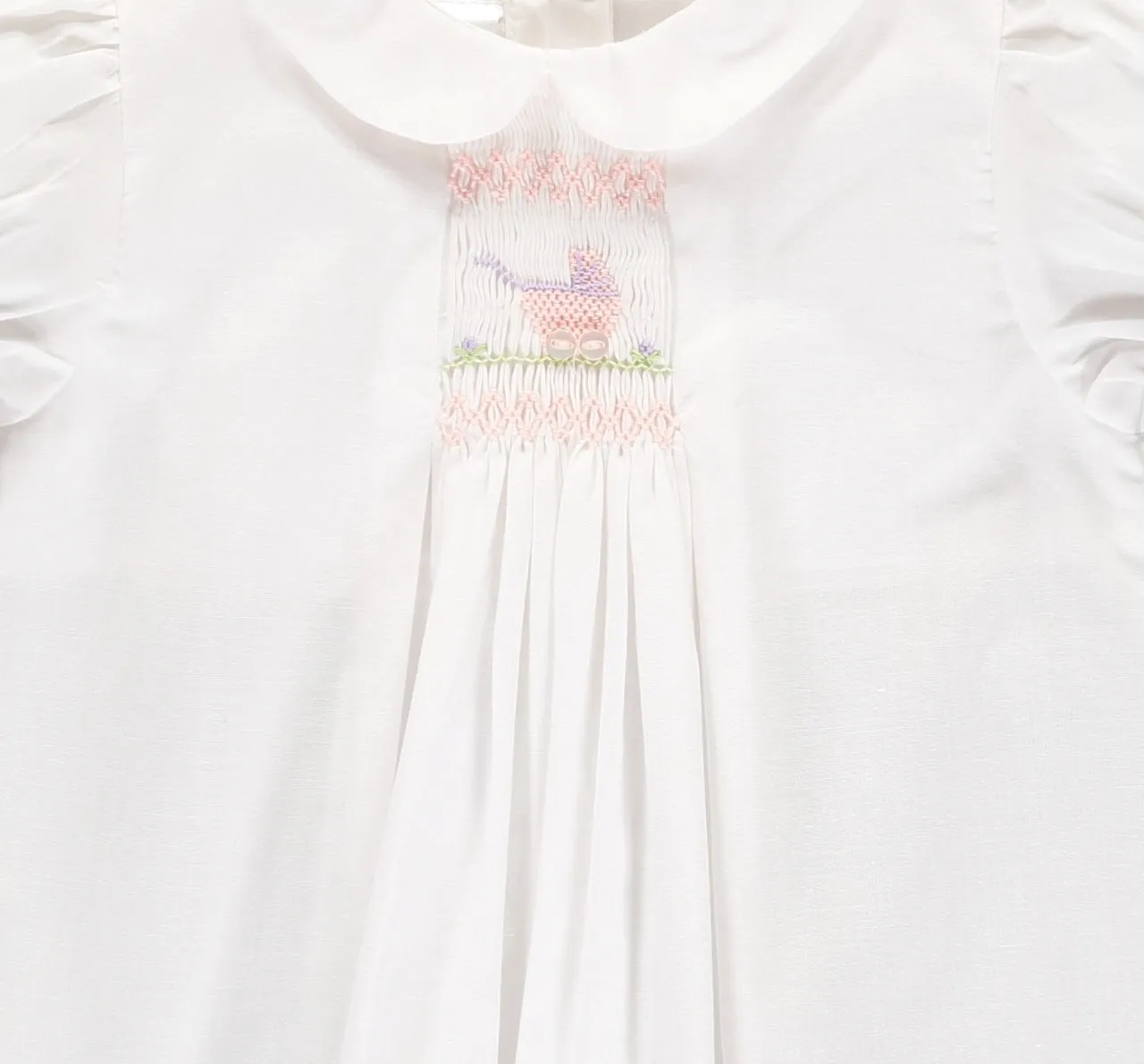 30081-Smocked Carriage One Size Only Baby Girl Day Gown and Hat Pink