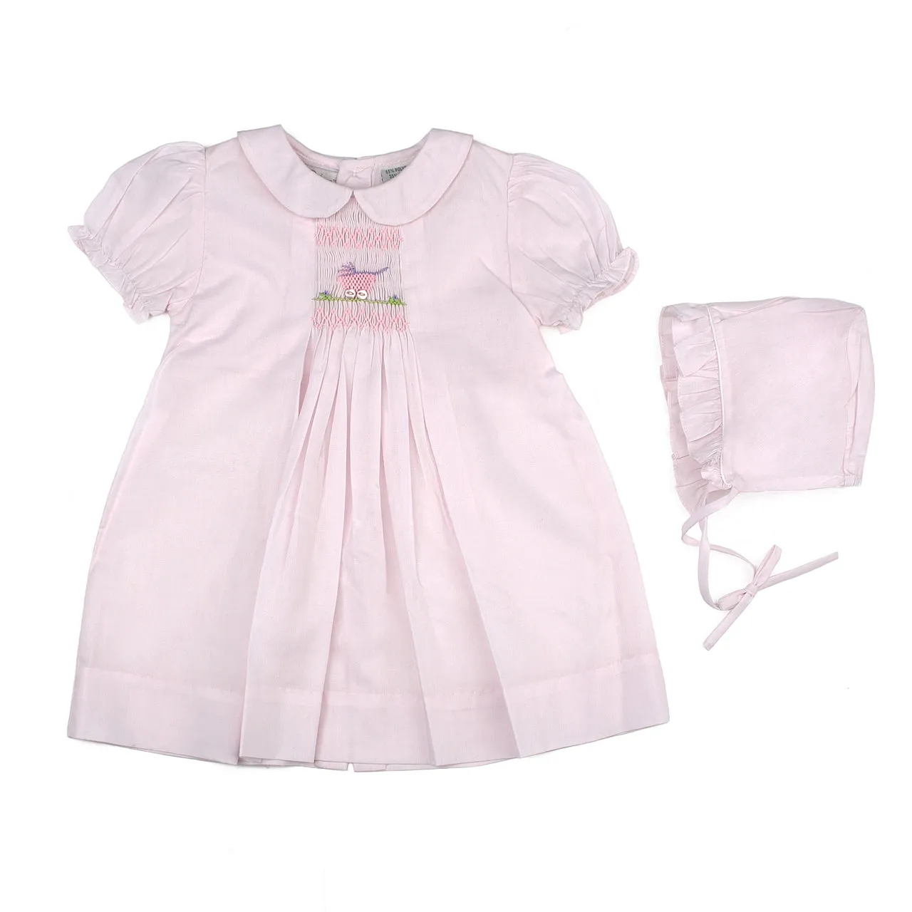 30081-Smocked Carriage One Size Only Baby Girl Day Gown and Hat Pink