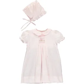 30081-Smocked Carriage One Size Only Baby Girl Day Gown and Hat Pink