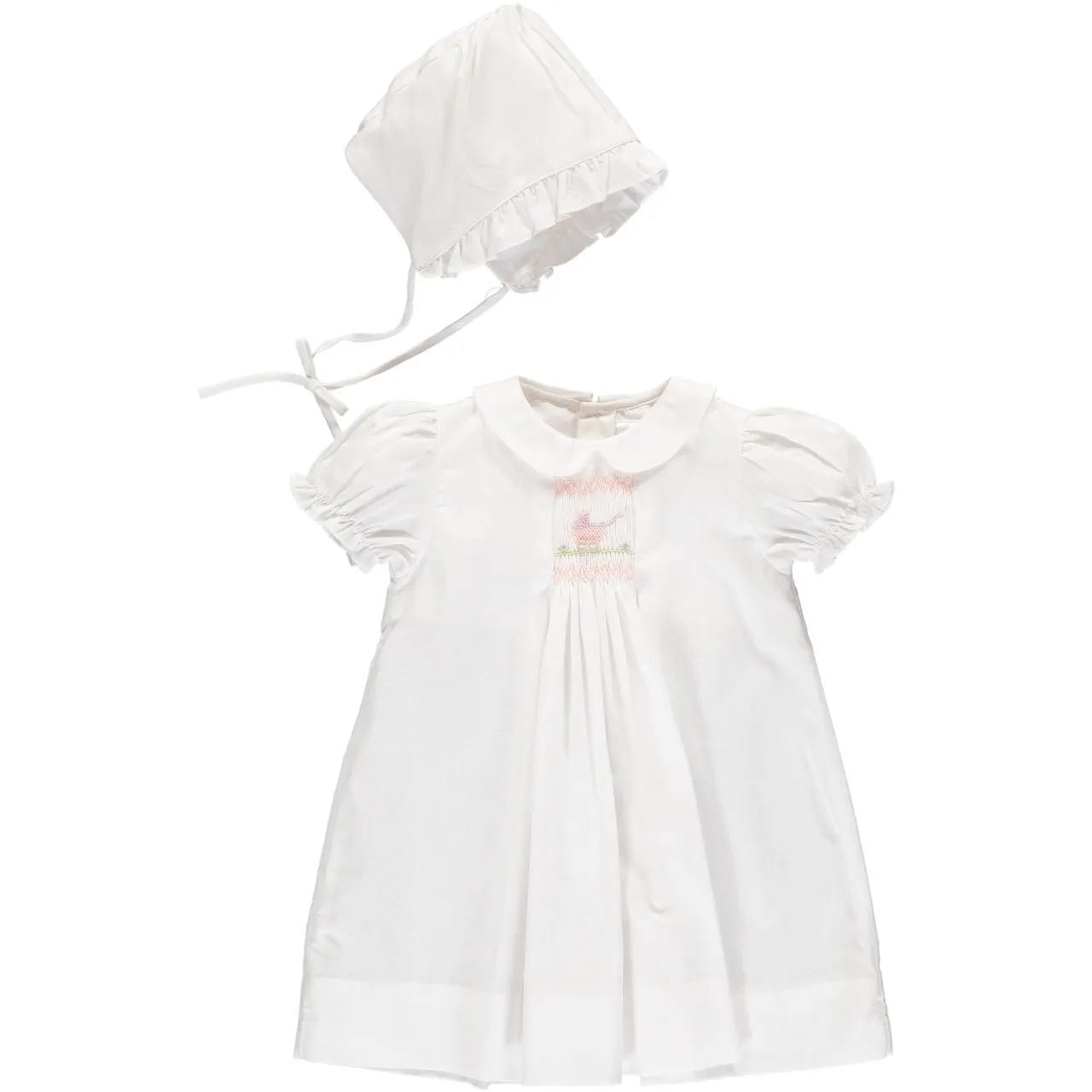30081-Smocked Carriage One Size Only Baby Girl Day Gown and Hat Pink