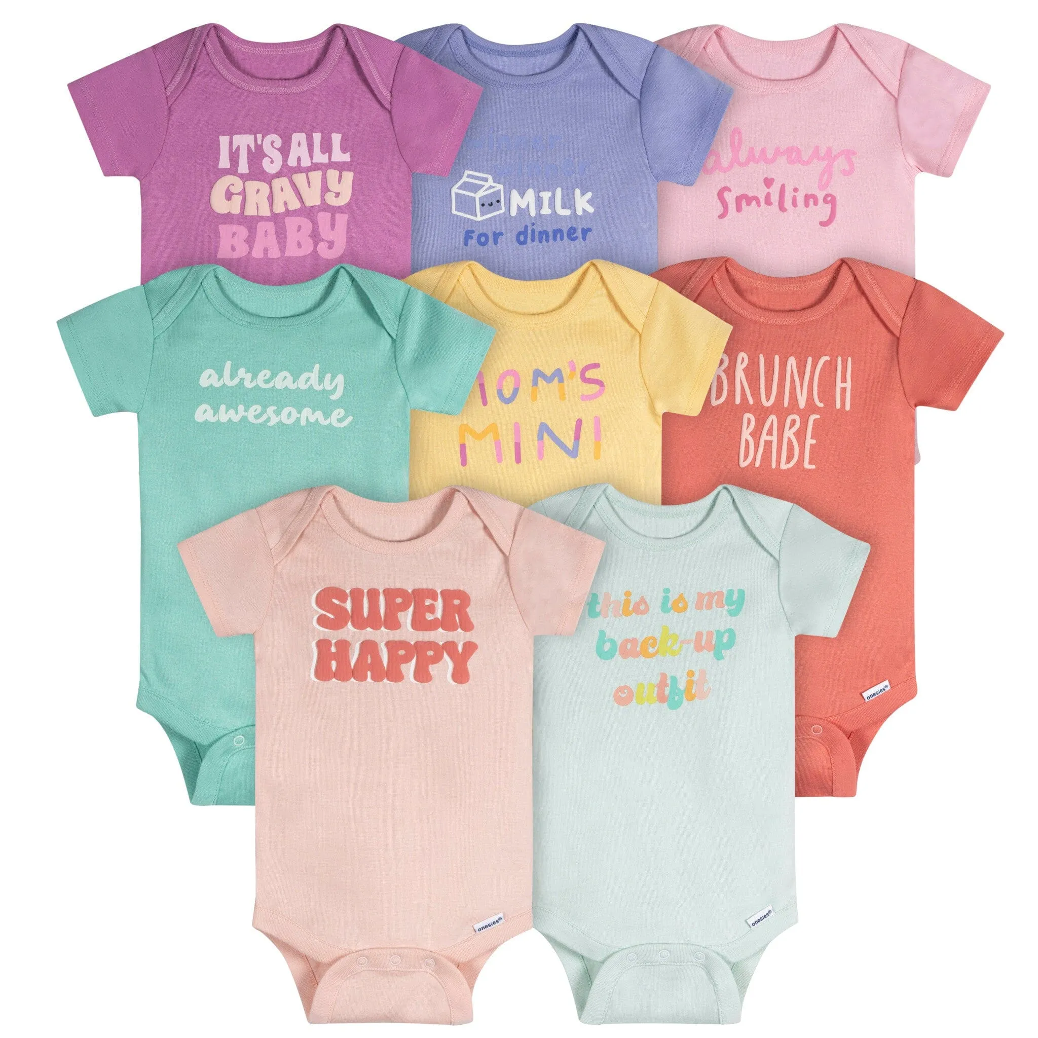 8-Pack Baby Girls Super Happy Short Sleeve Onesies® Bodysuits