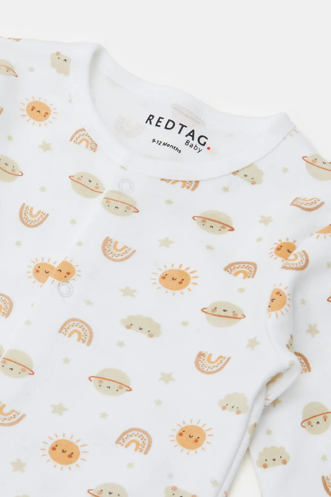 Baby Beige And White Printed Sleepsuit Set (Pack of 2)