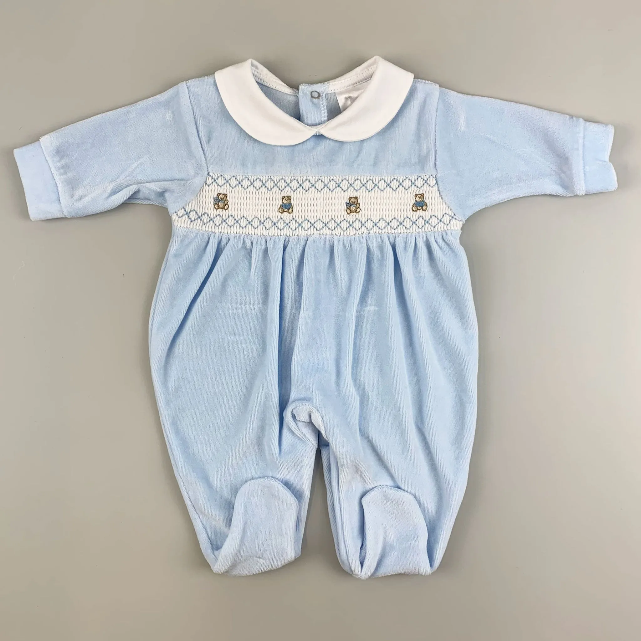 Baby Boys Blue Velour Sleepsuit with smocking & embroidery