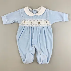 Baby Boys Blue Velour Sleepsuit with smocking & embroidery