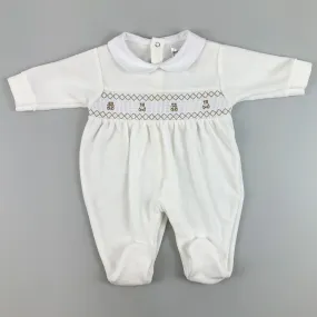 Baby Boys Ivory Velour Sleepsuit with smocking & embroidery