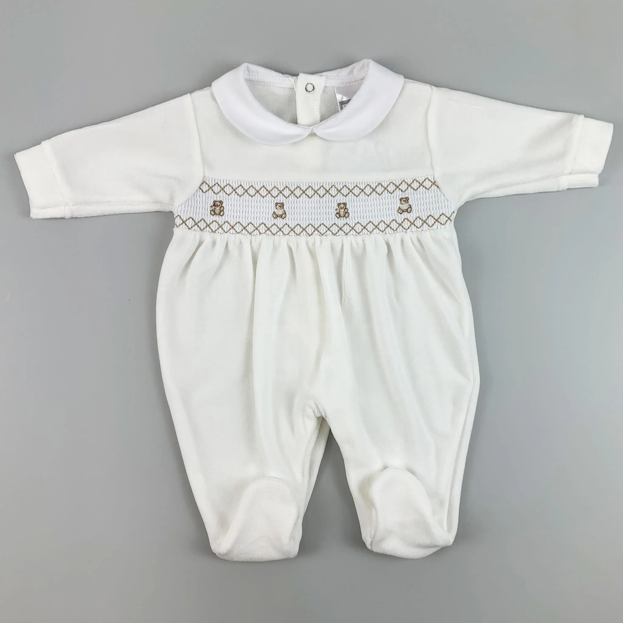 Baby Boys Ivory Velour Sleepsuit with smocking & embroidery