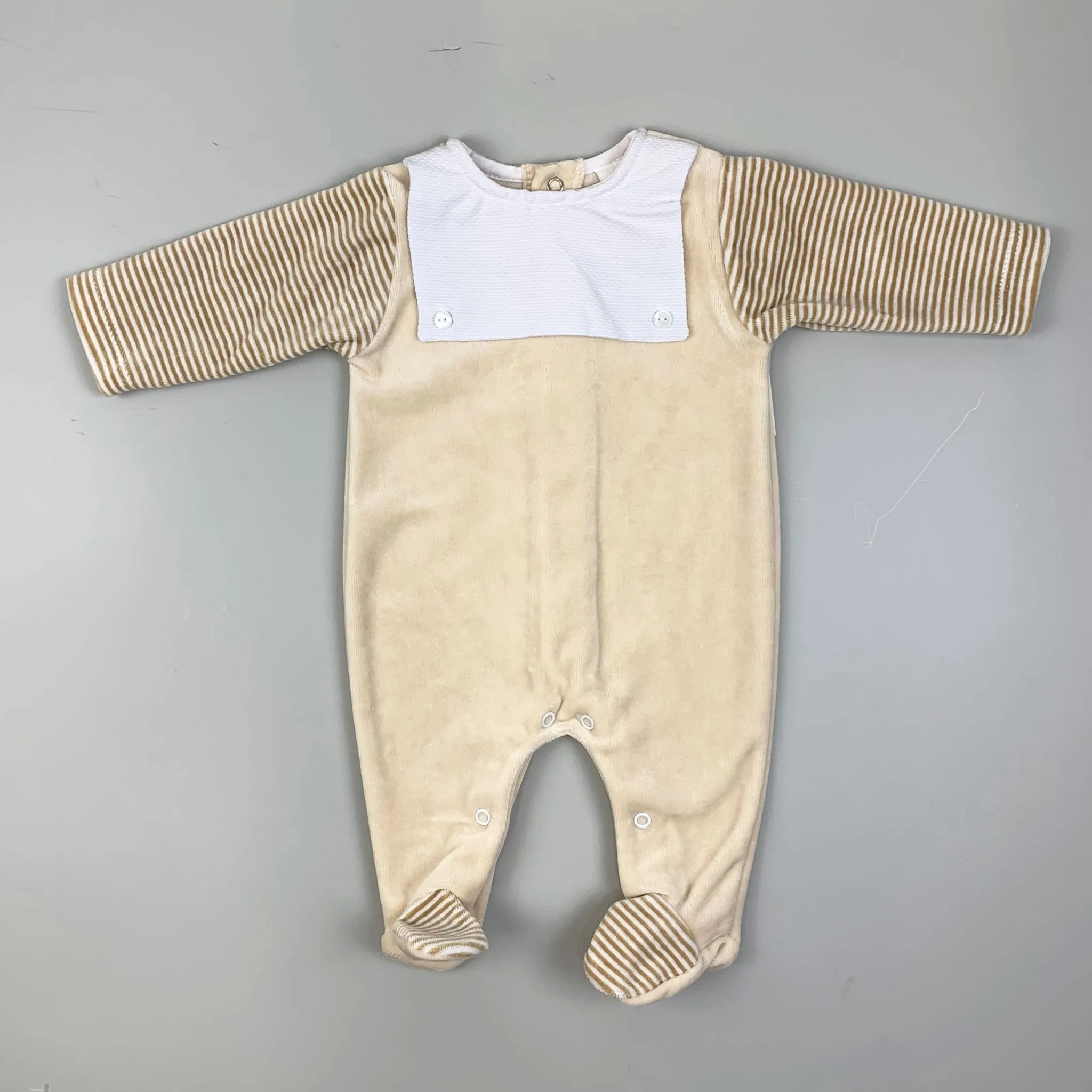 Baby Boys Velour  Sleepsuit with Bib Front - Beige