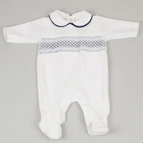 Baby Boys Velour Smocked Sleepsuit - White