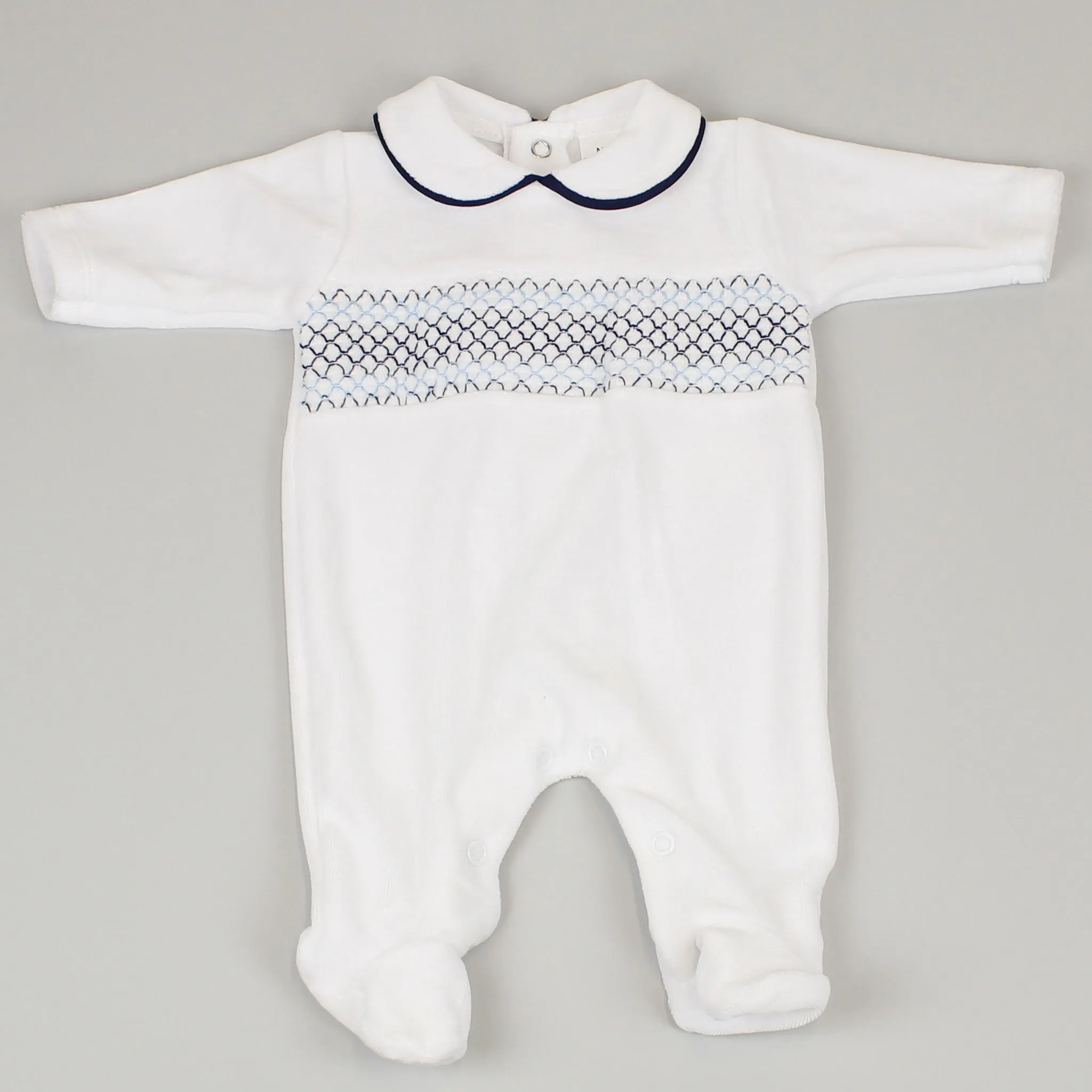 Baby Boys Velour Smocked Sleepsuit - White