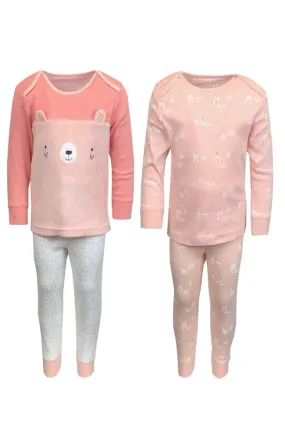 Baby Girls 2 Pk Pink Bear Print Cotton Top & Leggings Pyjamas