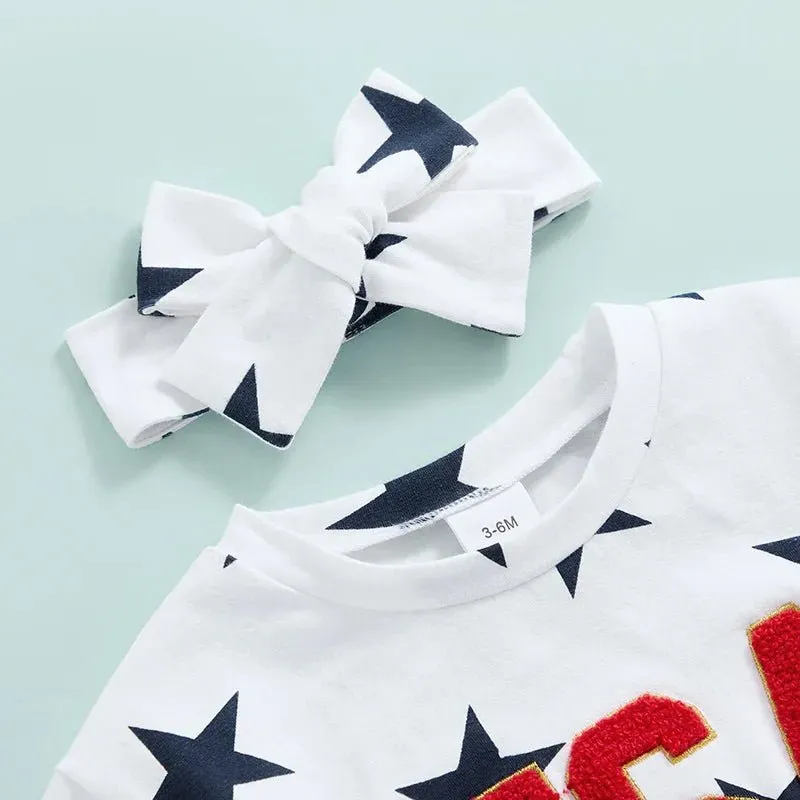 Baby Girls 2Pcs USA 4th of July Romper Fuzzy Letter Embroidered Stars Print Short Sleeve Jumpsuit with Headband