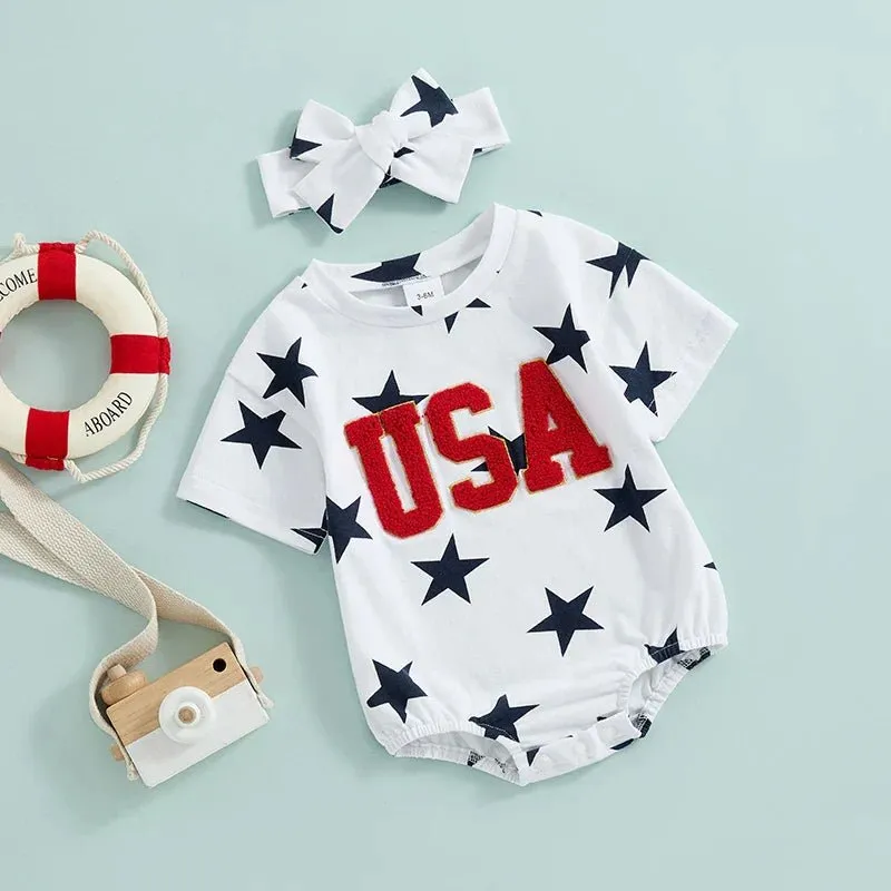 Baby Girls 2Pcs USA 4th of July Romper Fuzzy Letter Embroidered Stars Print Short Sleeve Jumpsuit with Headband