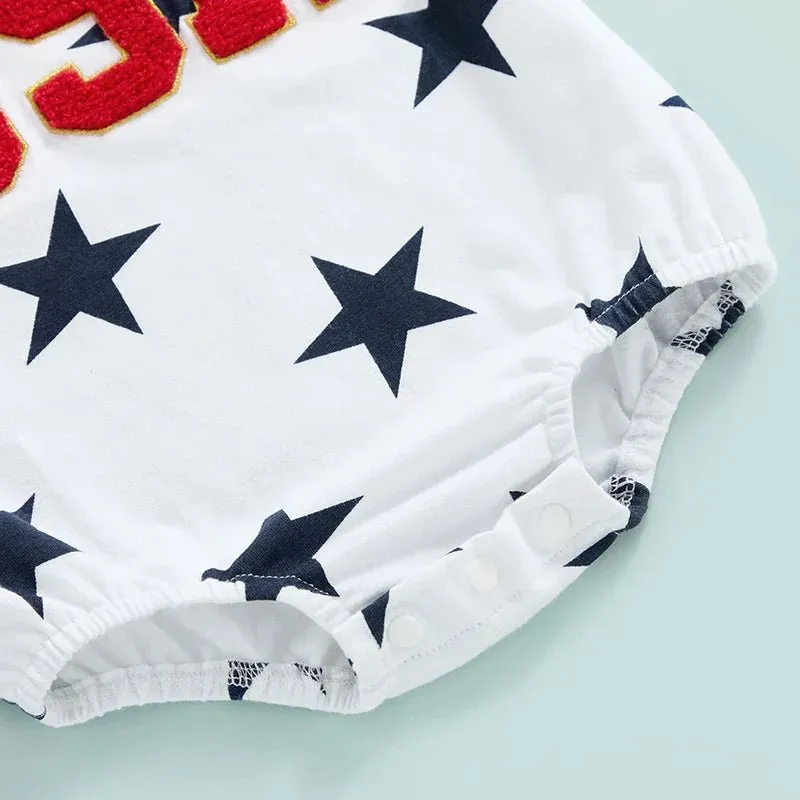 Baby Girls 2Pcs USA 4th of July Romper Fuzzy Letter Embroidered Stars Print Short Sleeve Jumpsuit with Headband