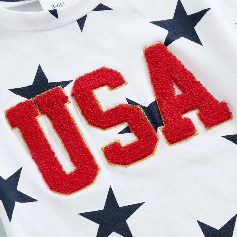 Baby Girls 2Pcs USA 4th of July Romper Fuzzy Letter Embroidered Stars Print Short Sleeve Jumpsuit with Headband