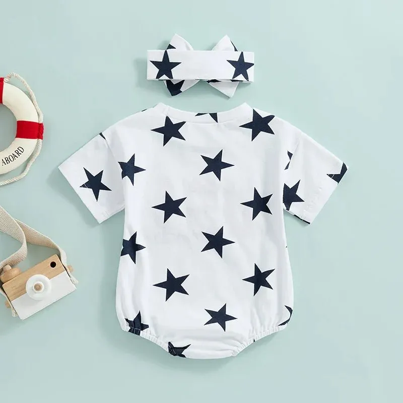 Baby Girls 2Pcs USA 4th of July Romper Fuzzy Letter Embroidered Stars Print Short Sleeve Jumpsuit with Headband