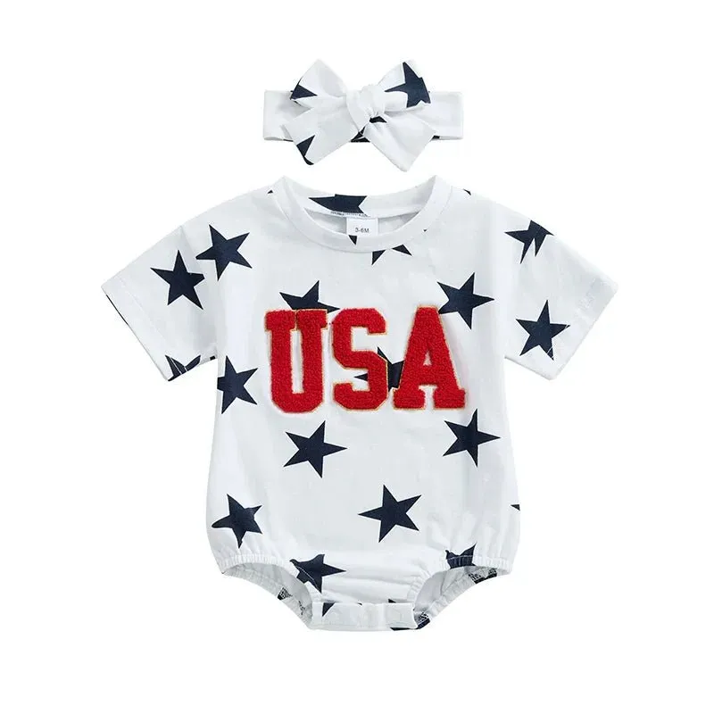 Baby Girls 2Pcs USA 4th of July Romper Fuzzy Letter Embroidered Stars Print Short Sleeve Jumpsuit with Headband
