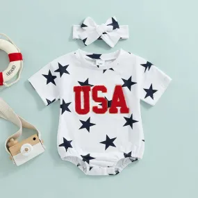 Baby Girls 2Pcs USA 4th of July Romper Fuzzy Letter Embroidered Stars Print Short Sleeve Jumpsuit with Headband