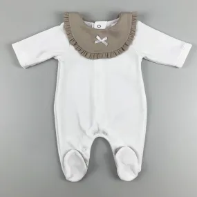 Baby Girls Baby Grow / Sleepsuit with Bow -white / beige