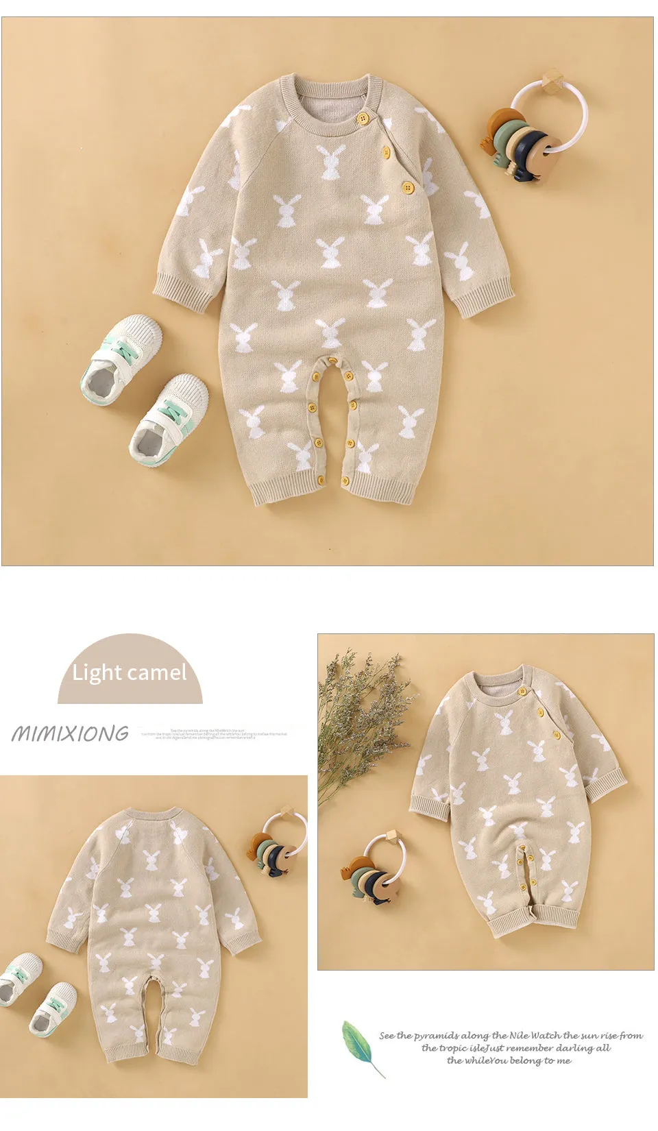Baby Girls Boys Cotton Cute Rabbit Knitted Long Sleeve Jumpsuit - Blue, Pink, Grey, Beige