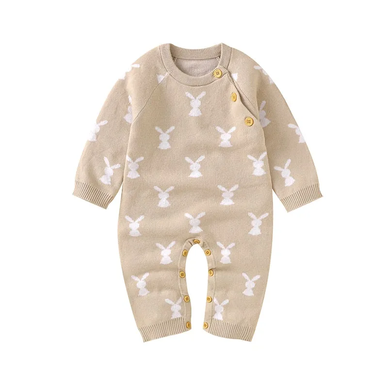 Baby Girls Boys Cotton Cute Rabbit Knitted Long Sleeve Jumpsuit - Blue, Pink, Grey, Beige