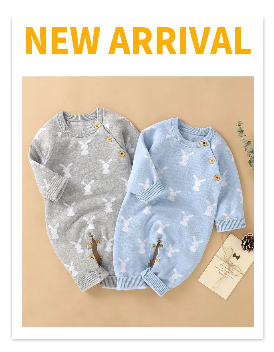 Baby Girls Boys Cotton Cute Rabbit Knitted Long Sleeve Jumpsuit - Blue, Pink, Grey, Beige