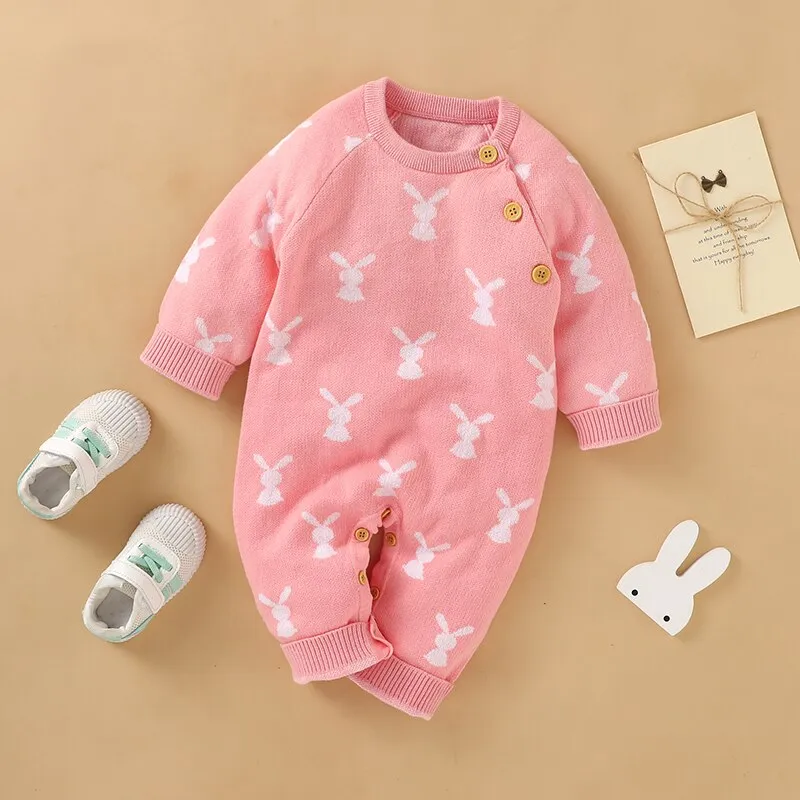 Baby Girls Boys Cotton Cute Rabbit Knitted Long Sleeve Jumpsuit - Blue, Pink, Grey, Beige