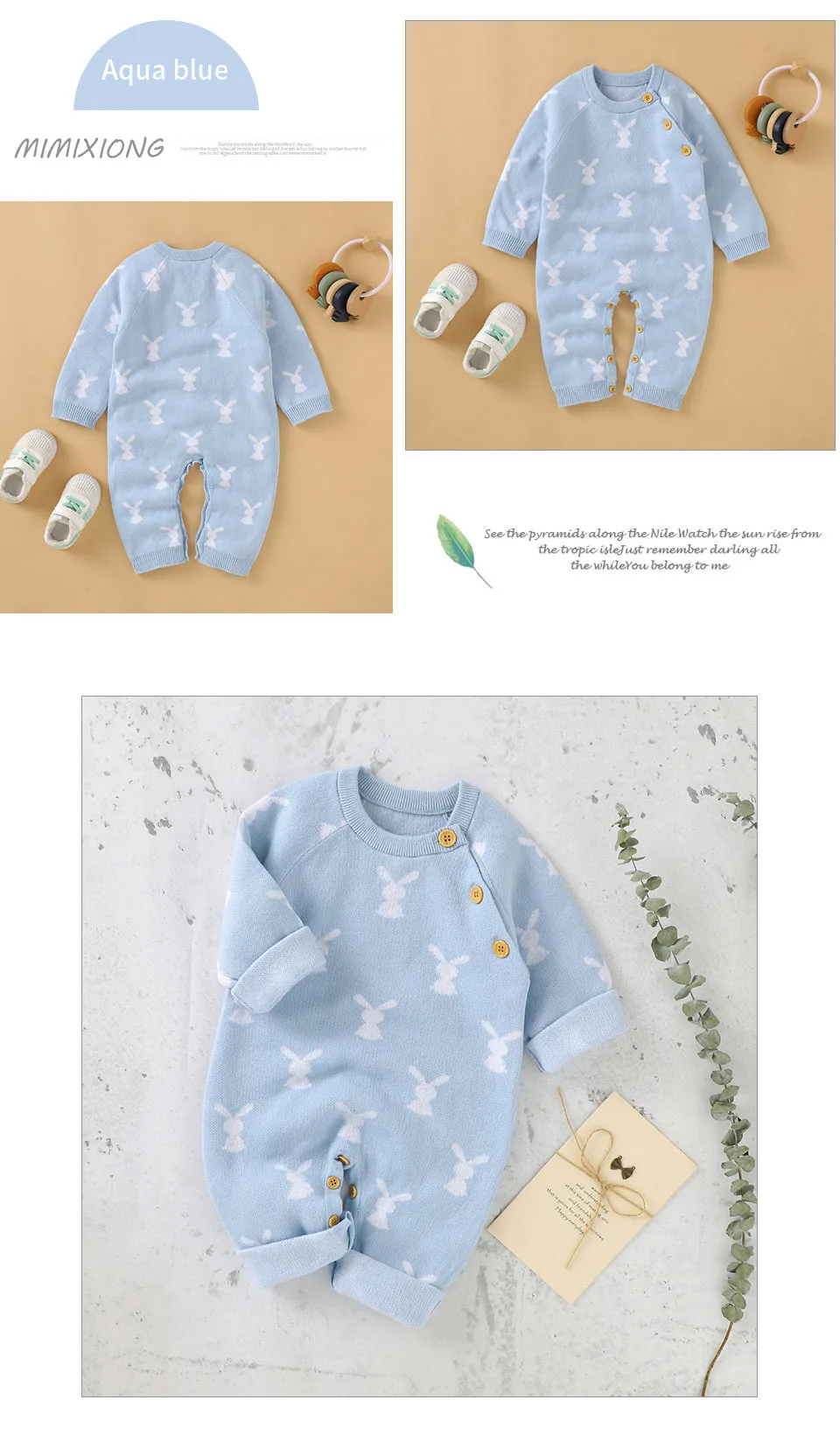 Baby Girls Boys Cotton Cute Rabbit Knitted Long Sleeve Jumpsuit - Blue, Pink, Grey, Beige