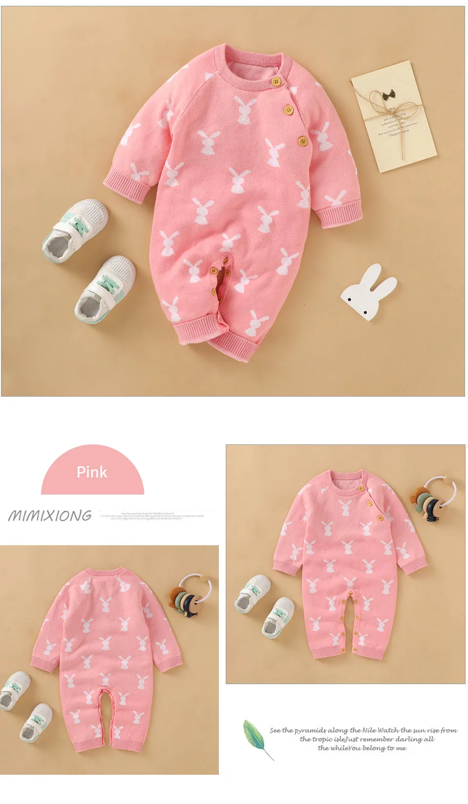 Baby Girls Boys Cotton Cute Rabbit Knitted Long Sleeve Jumpsuit - Blue, Pink, Grey, Beige