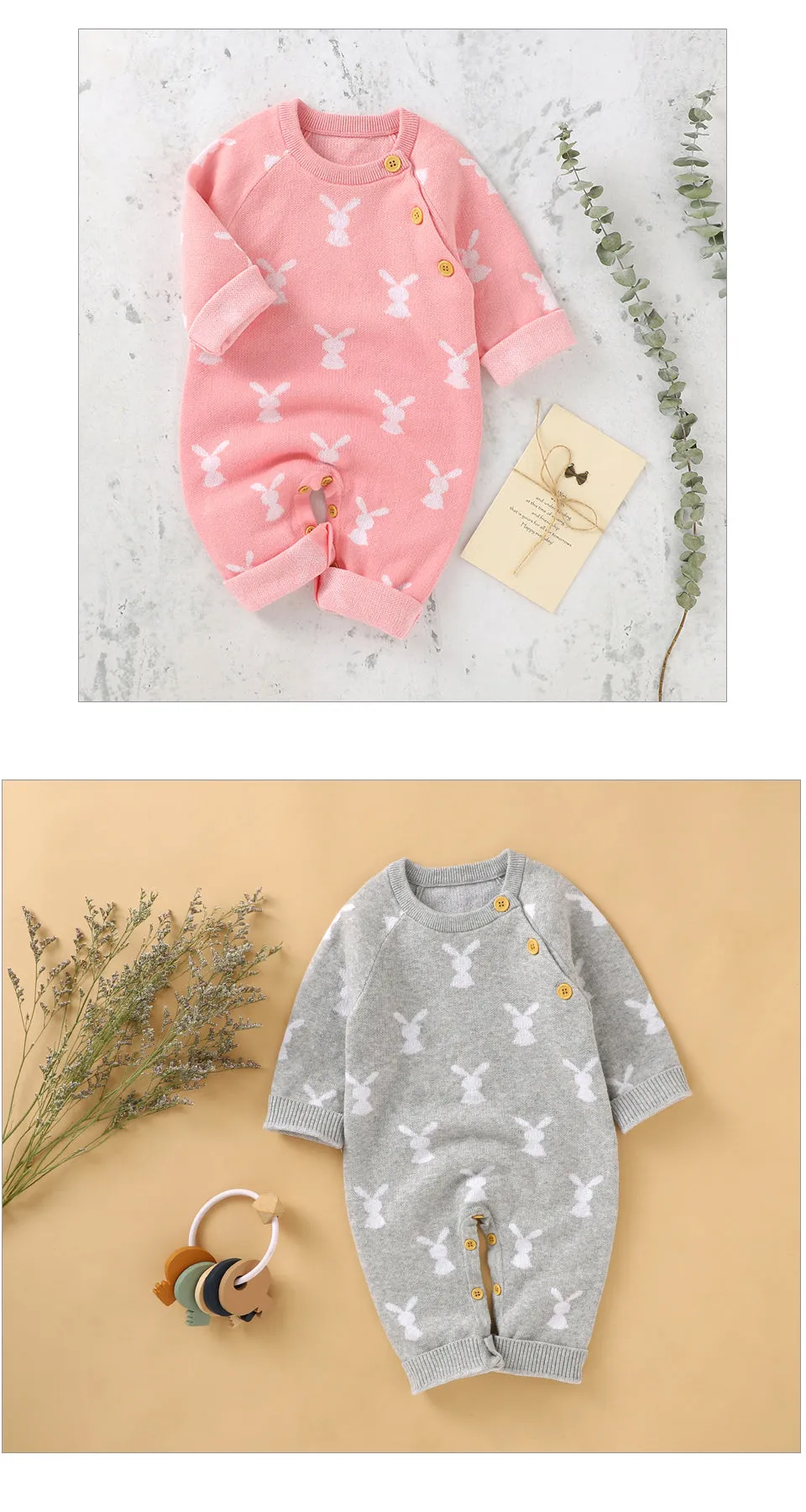 Baby Girls Boys Cotton Cute Rabbit Knitted Long Sleeve Jumpsuit - Blue, Pink, Grey, Beige