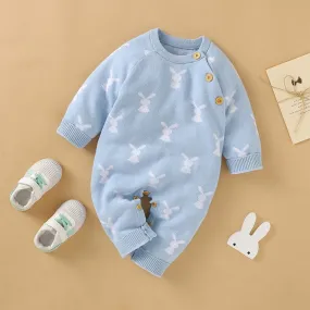 Baby Girls Boys Cotton Cute Rabbit Knitted Long Sleeve Jumpsuit - Blue, Pink, Grey, Beige