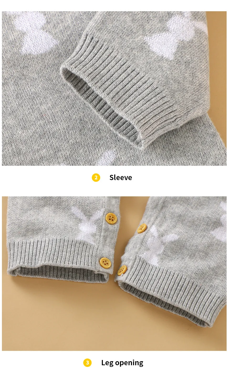 Baby Girls Boys Cotton Cute Rabbit Knitted Long Sleeve Jumpsuit - Blue, Pink, Grey, Beige