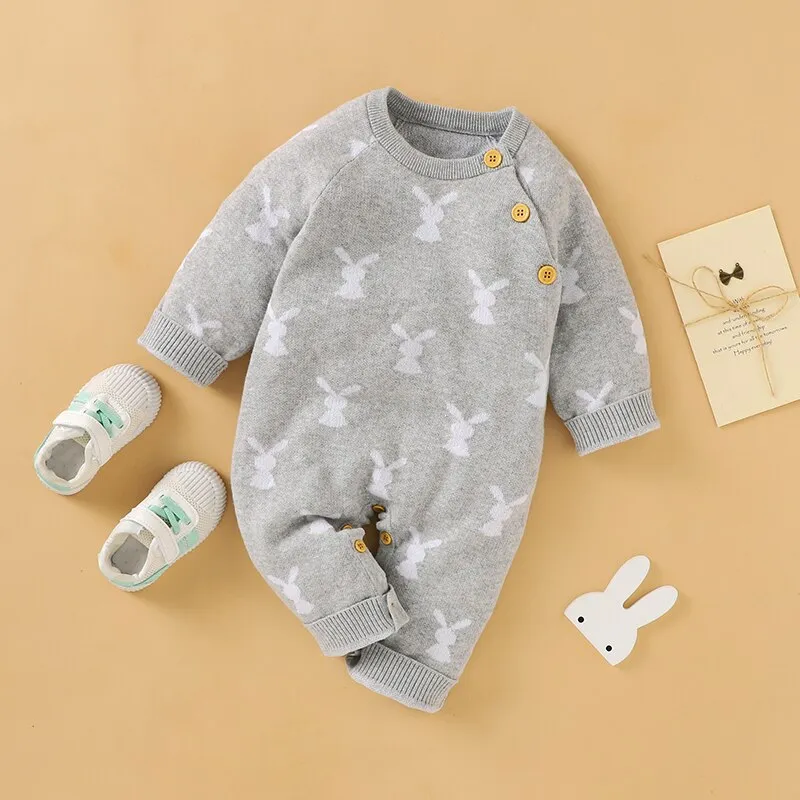 Baby Girls Boys Cotton Cute Rabbit Knitted Long Sleeve Jumpsuit - Blue, Pink, Grey, Beige