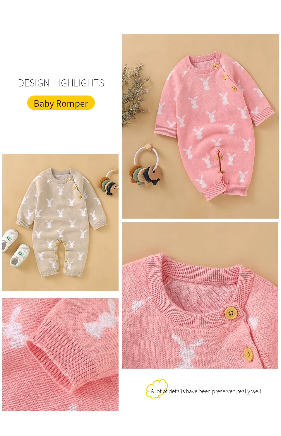 Baby Girls Boys Cotton Cute Rabbit Knitted Long Sleeve Jumpsuit - Blue, Pink, Grey, Beige
