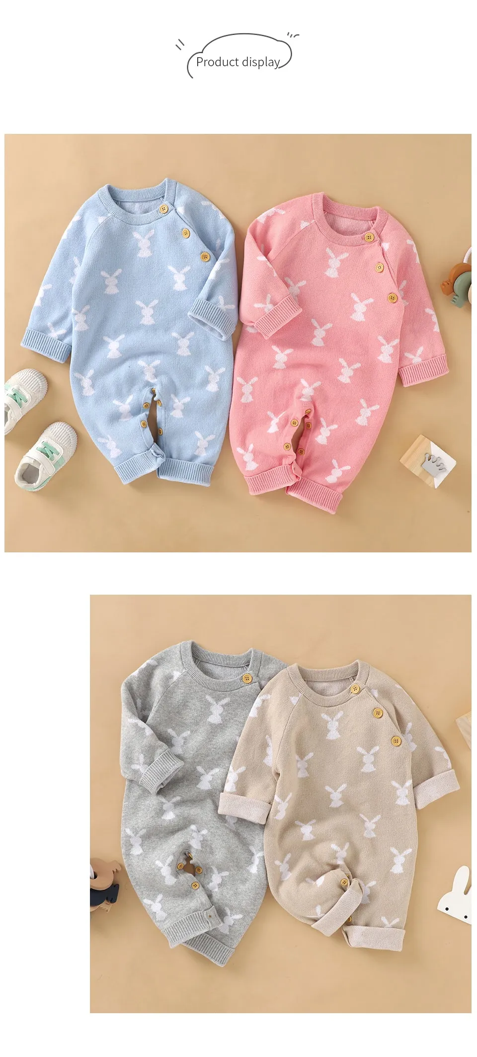 Baby Girls Boys Cotton Cute Rabbit Knitted Long Sleeve Jumpsuit - Blue, Pink, Grey, Beige