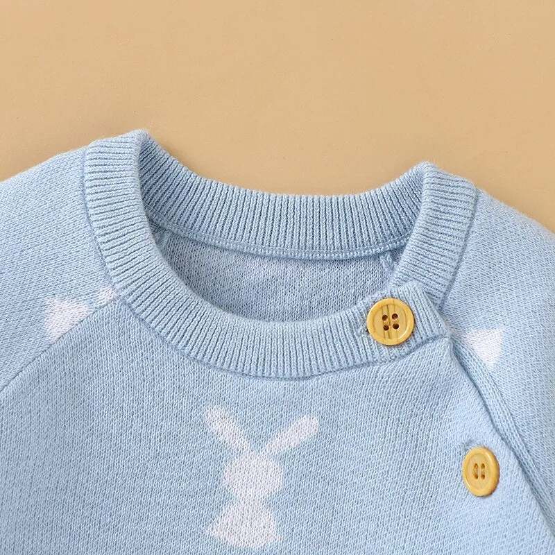 Baby Girls Boys Cotton Cute Rabbit Knitted Long Sleeve Jumpsuit - Blue, Pink, Grey, Beige