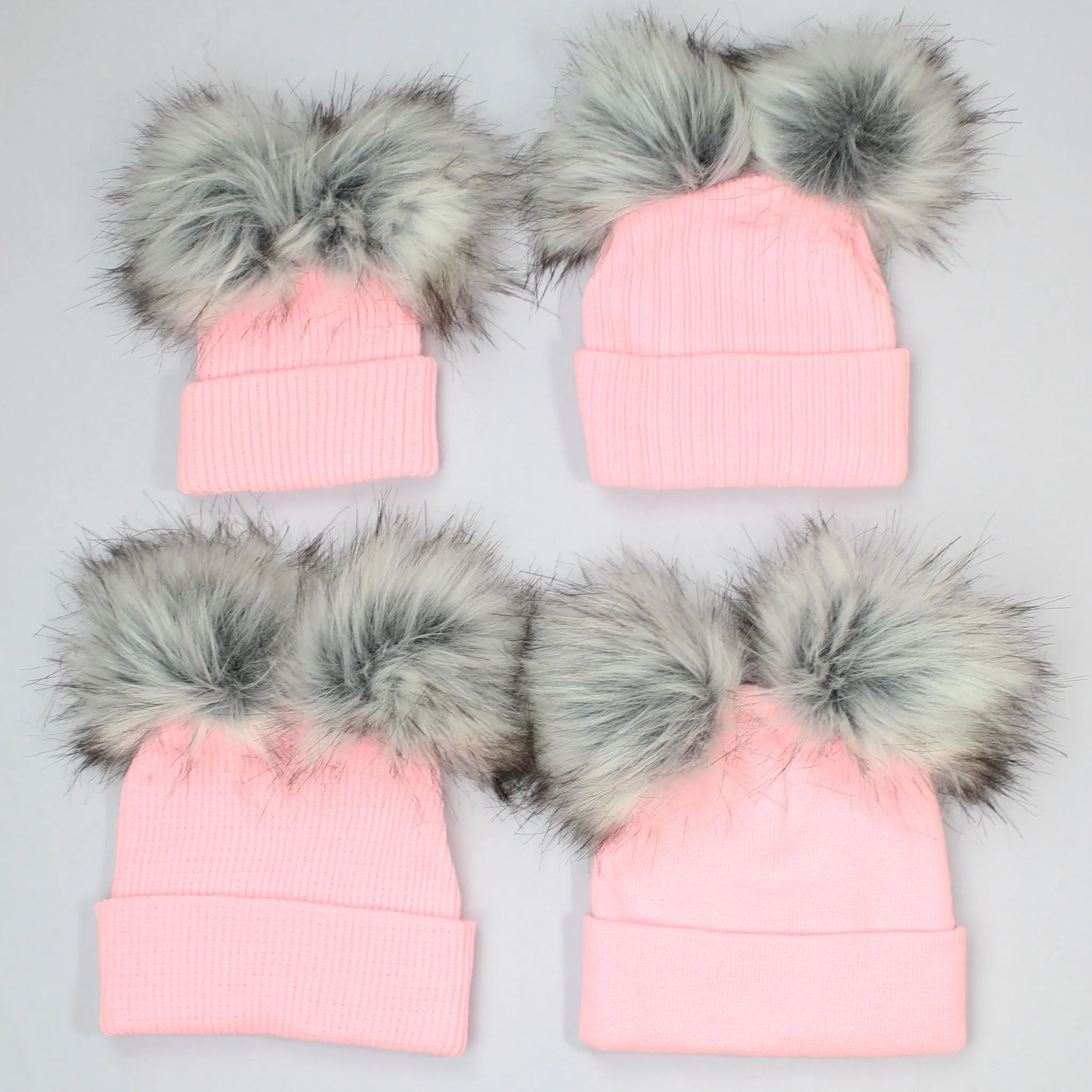 Baby Girls Pink Double Pom Pom Hat - Faux Fur