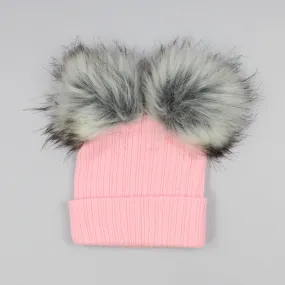 Baby Girls Pink Double Pom Pom Hat - Faux Fur