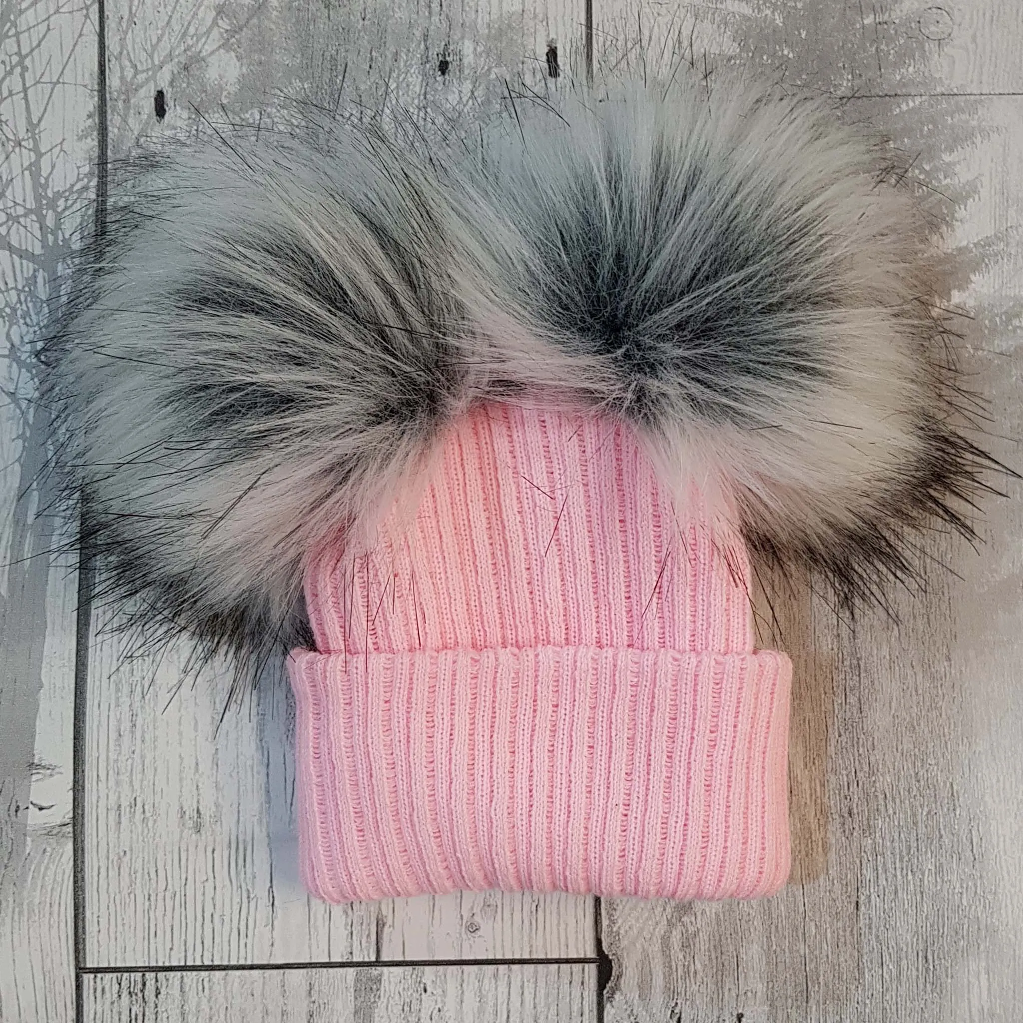 Baby Girls Pink Double Pom Pom Hat - Faux Fur