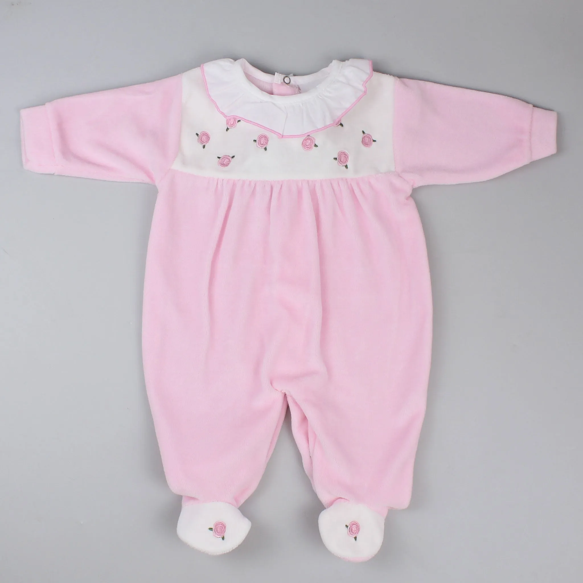 Baby Girls Velour Snuggle Rose Sleepsuit - Pink and White- Rosie-Pex