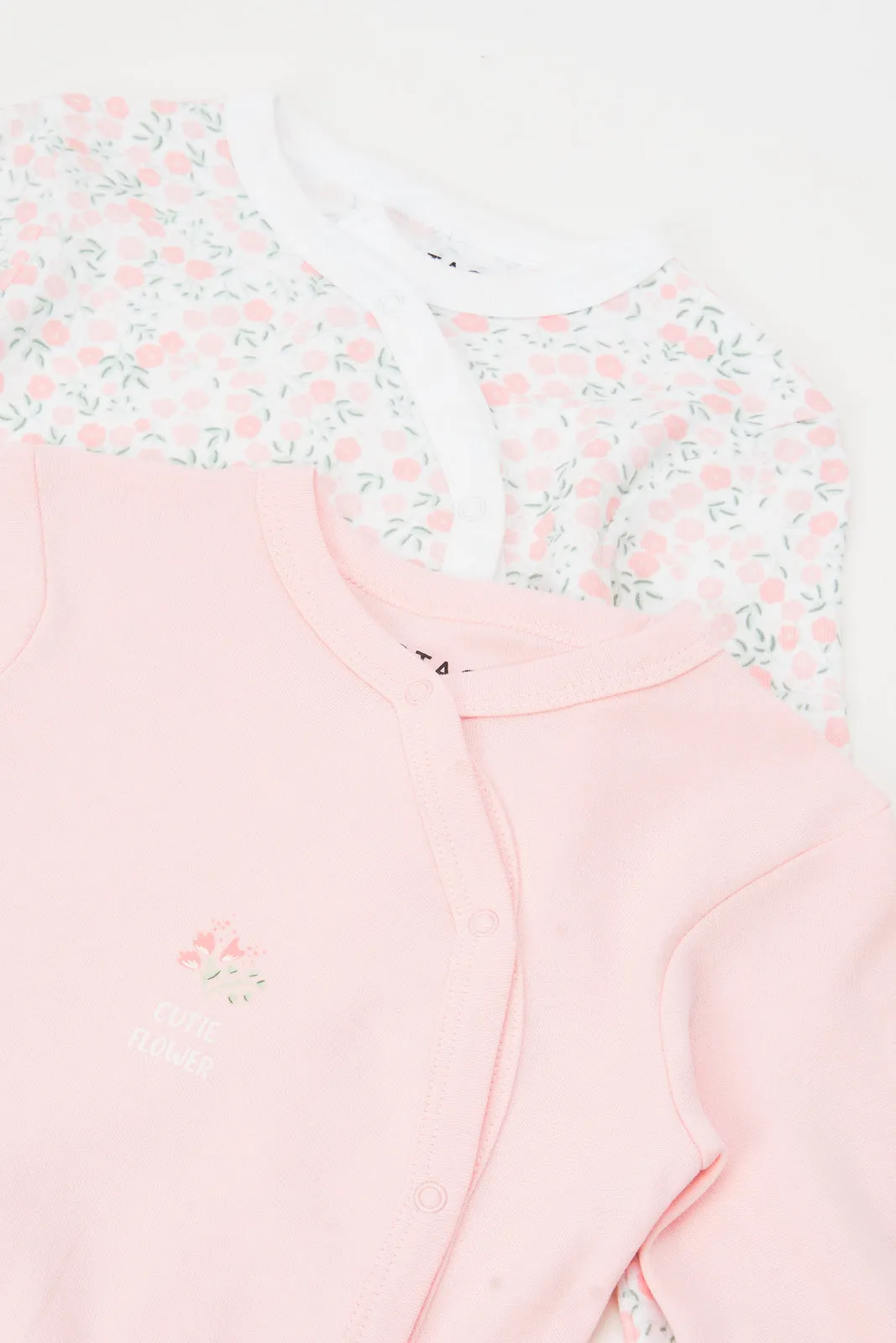 Baby Pink And White Printed Sleepsuit Set (Pack of 2)