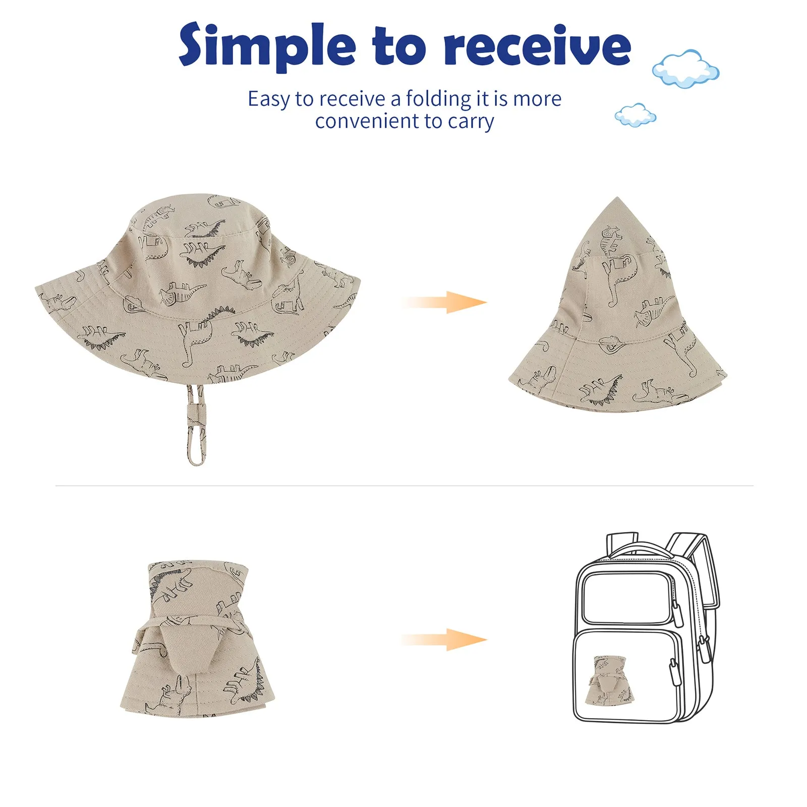 Baby Sun Hat UPF 50  Sun Protection Summer Beach Hat Cute Baby Bucket Hat Wide Brim Toddler Sun Hats for Boys Girls Khaki Dinosaur M