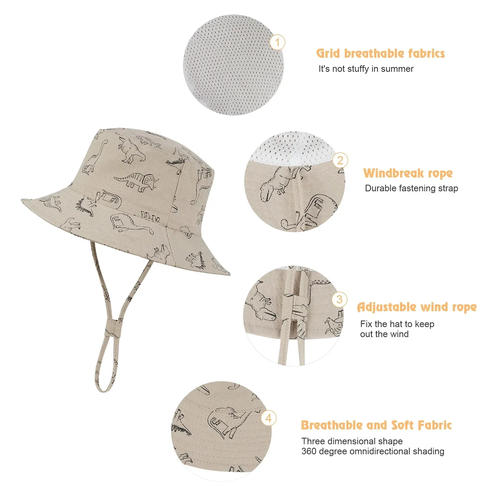 Baby Sun Hat UPF 50  Sun Protection Summer Beach Hat Cute Baby Bucket Hat Wide Brim Toddler Sun Hats for Boys Girls Khaki Dinosaur M