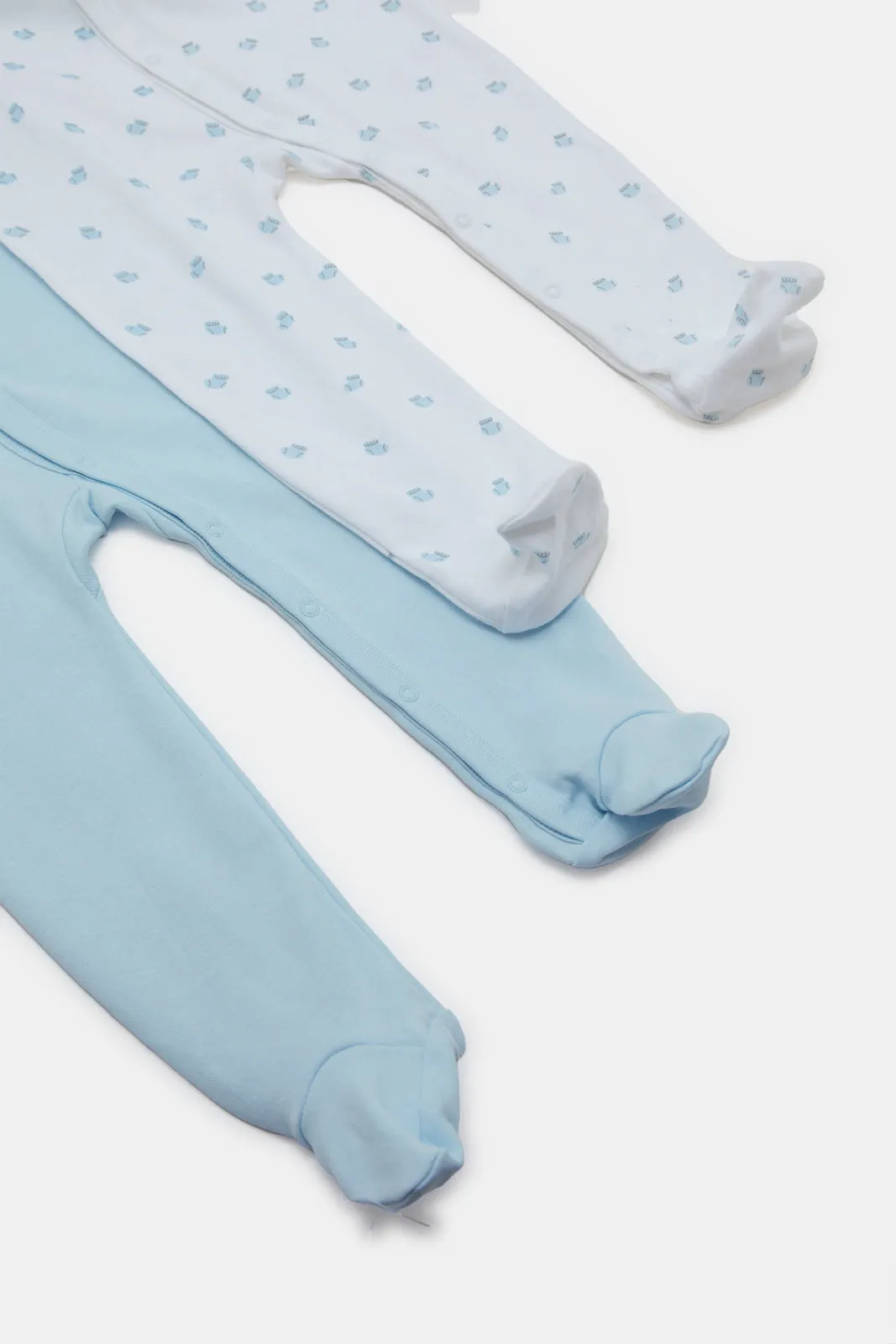 Baby White And Blue Solid And Printed Sleepsuit Set (Pack of 2)