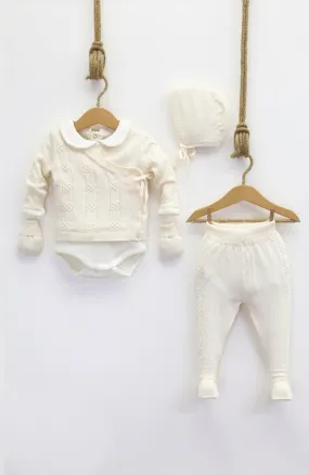 Beautiful Ivory Knitted  Baby 5 piece set(Jumper/Trousers/Hat/Bodysuit/Mittens)